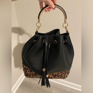 Elegant Vegan leather Black and Leopard Print purse with cross body strap